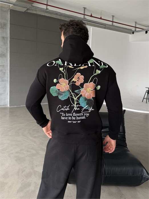 Siyah Kangru Kapşonlu Oakland 3 İplik Hoodie Model 5
