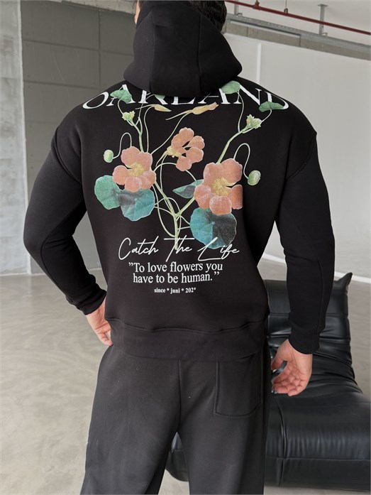 Siyah Kangru Kapşonlu Oakland 3 İplik Hoodie Model 5