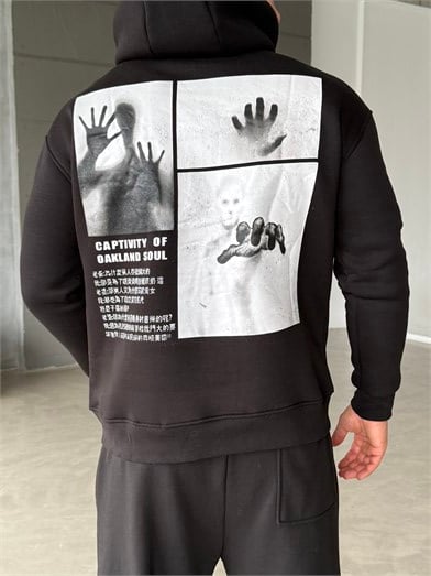 Siyah Kangru Kapşonlu Ruined İplik Hoodie Model 13