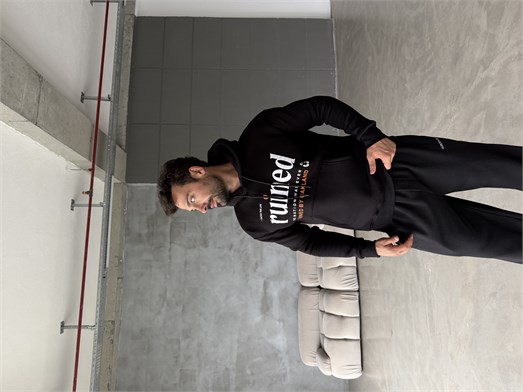 Siyah Kangru Kapşonlu Ruined İplik Hoodie Model 13