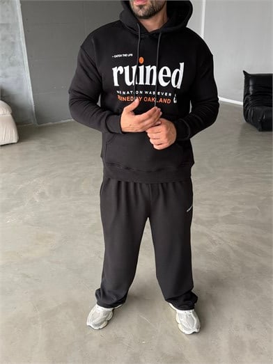 Siyah Kangru Kapşonlu Ruined İplik Hoodie Model 13