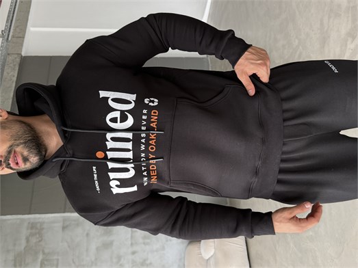 Siyah Kangru Kapşonlu Ruined İplik Hoodie Model 13