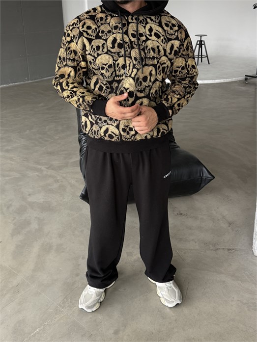 Siyah Kangru Kapşonlu Skull 3 İplik Hoodie Model 18