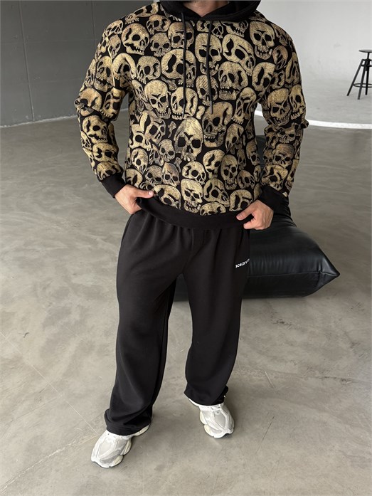 Siyah Kangru Kapşonlu Skull 3 İplik Hoodie Model 18
