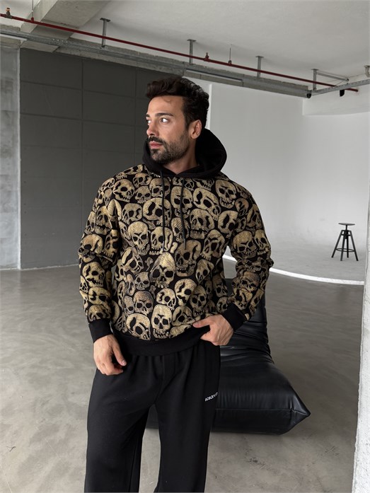 Siyah Kangru Kapşonlu Skull 3 İplik Hoodie Model 18