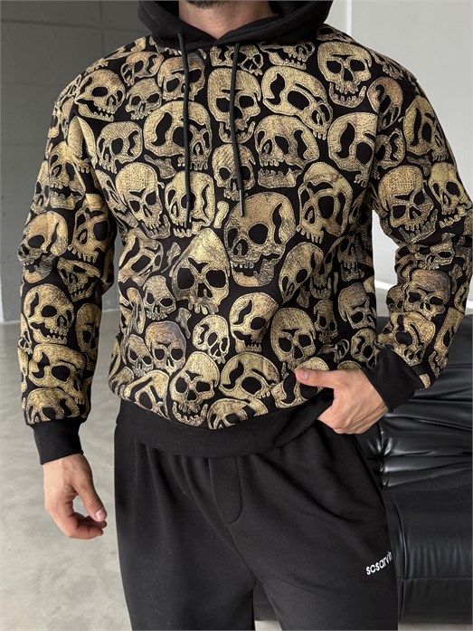 Siyah Kangru Kapşonlu Skull 3 İplik Hoodie Model 18