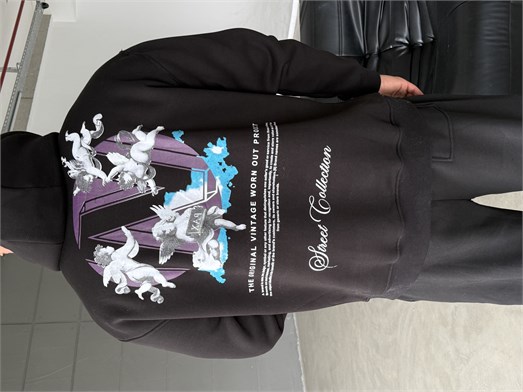 Siyah Kangru Kapşonlu  Street 3 İplik Hoodie Model 6