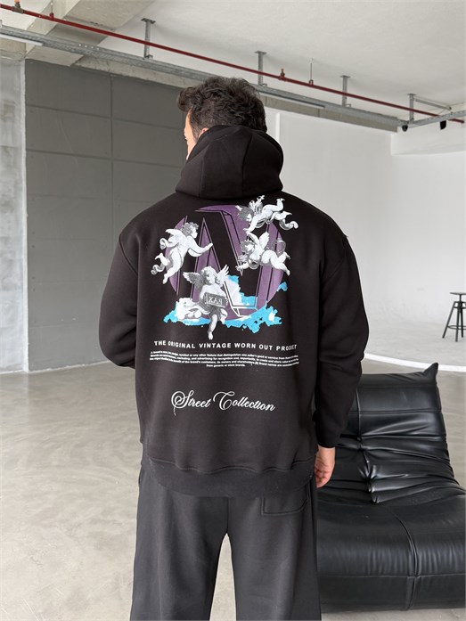 Siyah Kangru Kapşonlu  Street 3 İplik Hoodie Model 6