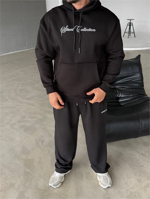 Siyah Kangru Kapşonlu  Street 3 İplik Hoodie Model 6