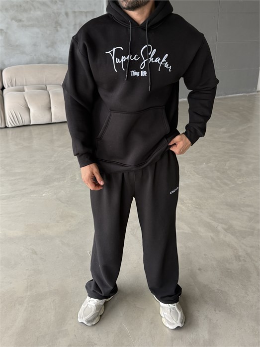 Siyah Kangru Kapşonlu Thug 3 İplik Hoodie Model 14