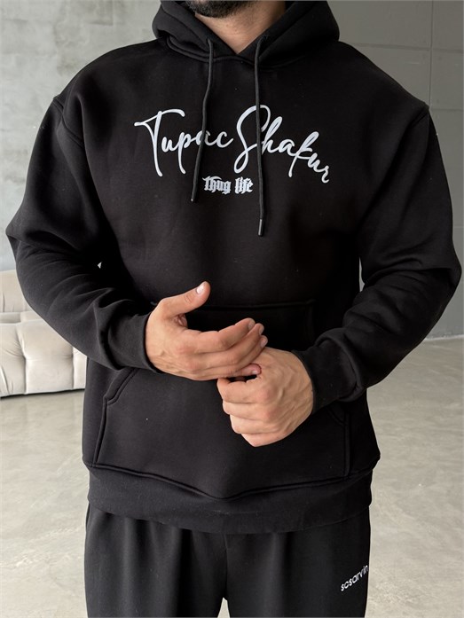 Siyah Kangru Kapşonlu Thug 3 İplik Hoodie Model 14