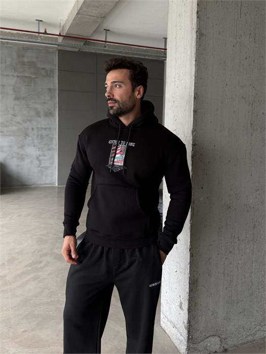 Siyah Kangru Kapşonlu To Life 3 İplik Hoodie Model 11