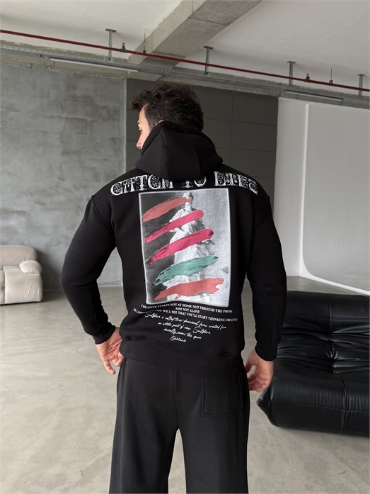 Siyah Kangru Kapşonlu To Life 3 İplik Hoodie Model 11