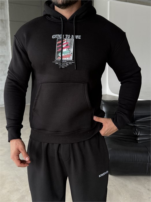 Siyah Kangru Kapşonlu To Life 3 İplik Hoodie Model 11