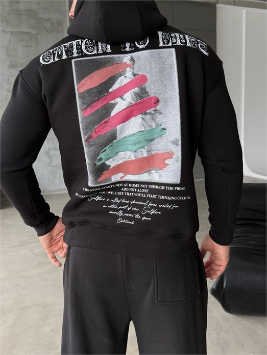 Siyah Kangru Kapşonlu To Life 3 İplik Hoodie Model 11