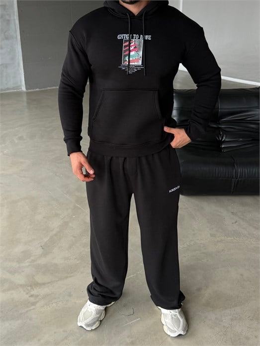 Siyah Kangru Kapşonlu To Life 3 İplik Hoodie Model 11