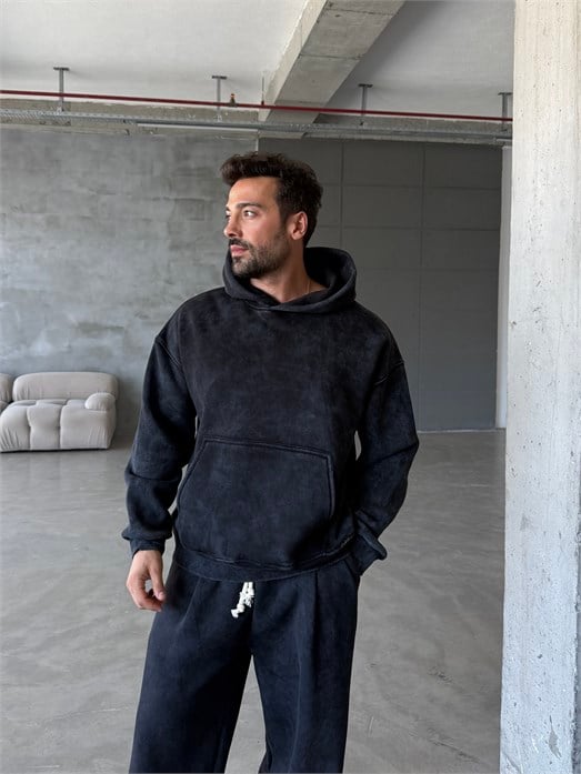 Siyah Kangru Yıkamalı Compak Hoodie Boxy Kalıp PLZ 27504