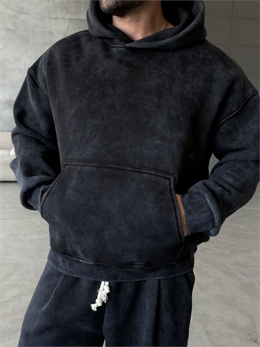 Siyah Kangru Yıkamalı Compak Hoodie Boxy Kalıp PLZ 27504