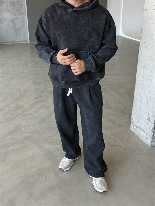 Siyah Kangru Yıkamalı Compak Hoodie Boxy Kalıp PLZ 27504