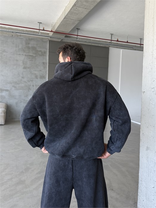 Siyah Kangru Yıkamalı Compak Hoodie Boxy Kalıp PLZ 27504
