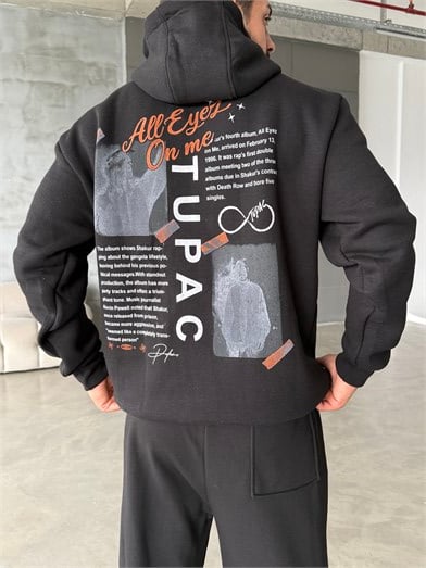 Siyah Kanguru 2Pac 3 İplik Hoodie Model 23