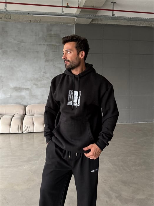Siyah Kanguru 2Pac 3 İplik Hoodie Model 23