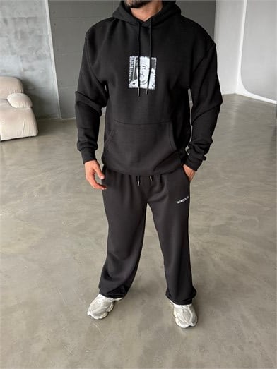 Siyah Kanguru 2Pac 3 İplik Hoodie Model 23