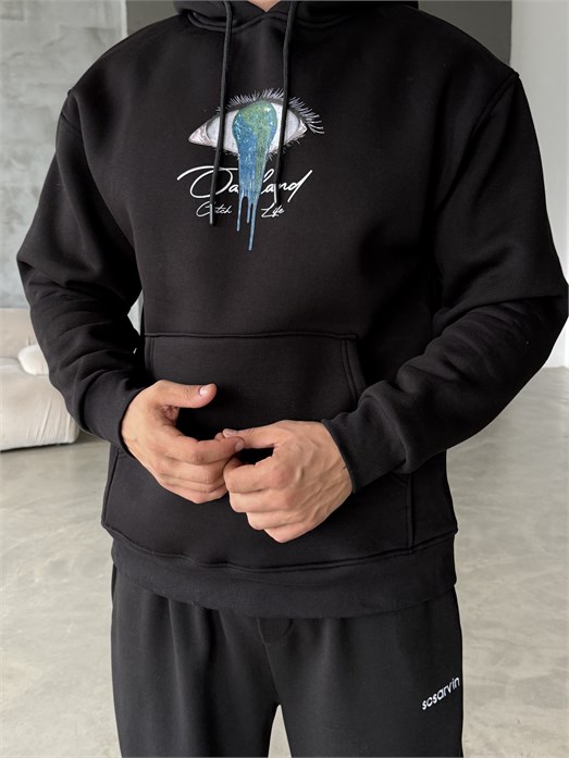 Siyah Kanguru Eye 3 İplik Hoodie Model 20
