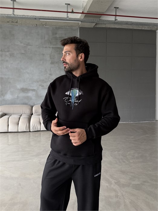 Siyah Kanguru Eye 3 İplik Hoodie Model 20