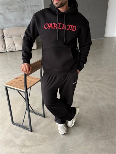 Siyah Kanguru Kırmızı Yazılı 3 İplik Hoodie Model 21