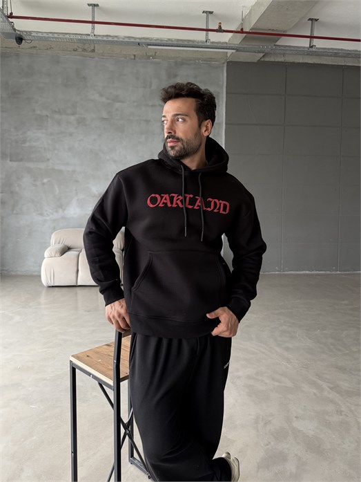 Siyah Kanguru Kırmızı Yazılı 3 İplik Hoodie Model 21