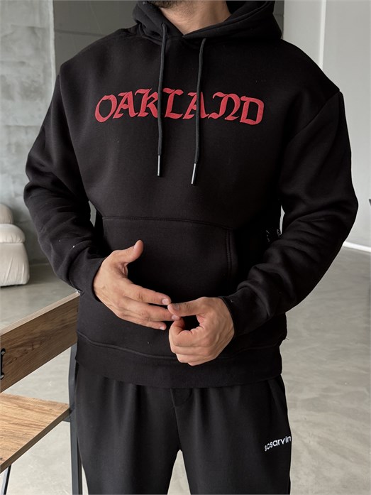 Siyah Kanguru Kırmızı Yazılı 3 İplik Hoodie Model 21