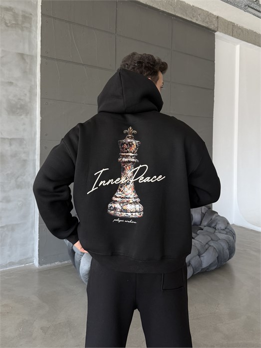 Siyah Kapşonlu Santranç Aplikeli Sweatshirt PLZ 27007