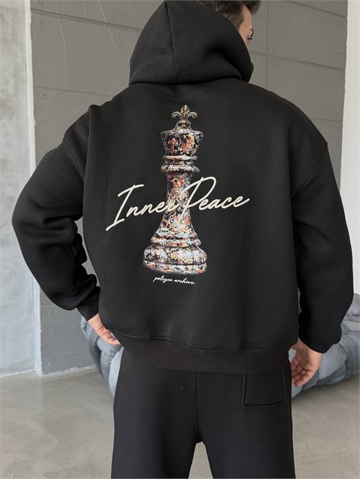 Siyah Kapşonlu Santranç Aplikeli Sweatshirt PLZ 27007