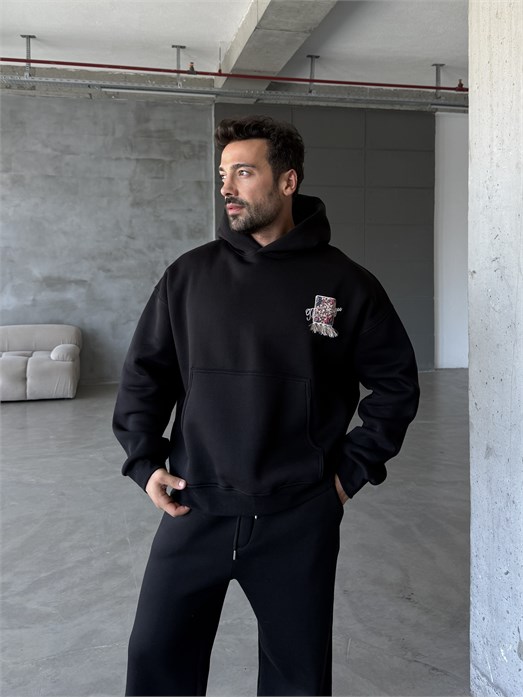 Siyah Kapşonlu Sırt At Aplikeli Püsküllü Sweatshirt PLZ 27003