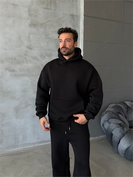 Siyah SC Core Üç İplik Kapüşonlu Hoodie