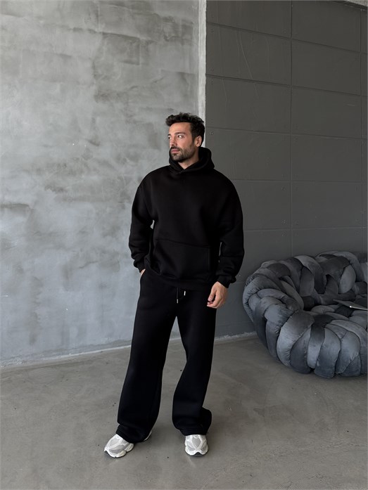 Siyah SC Core Üç İplik Kapüşonlu Hoodie