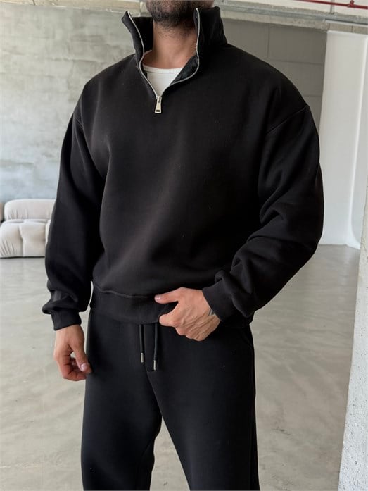 Siyah SC Core Üç İplik Yarım Zip Sweatshirt