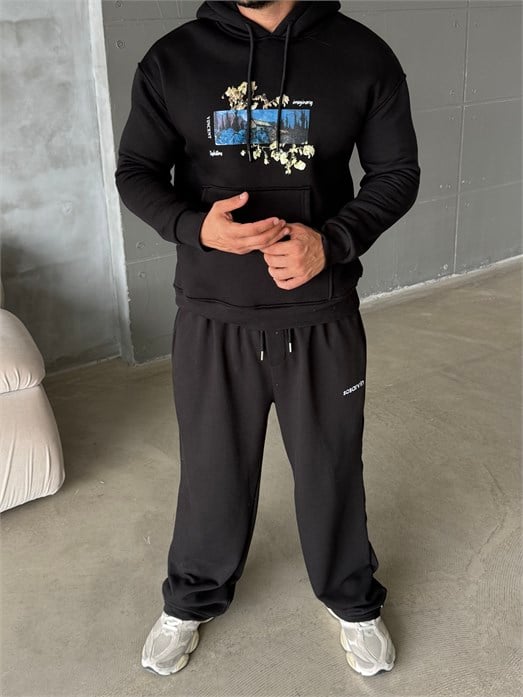 Siyah Vincent Baskılı 3 İplik Hoodie Model 2