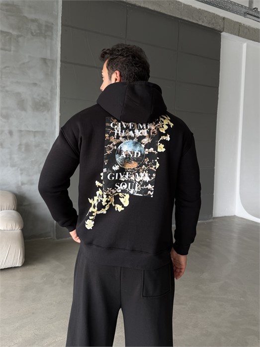Siyah Vincent Baskılı 3 İplik Hoodie Model 2