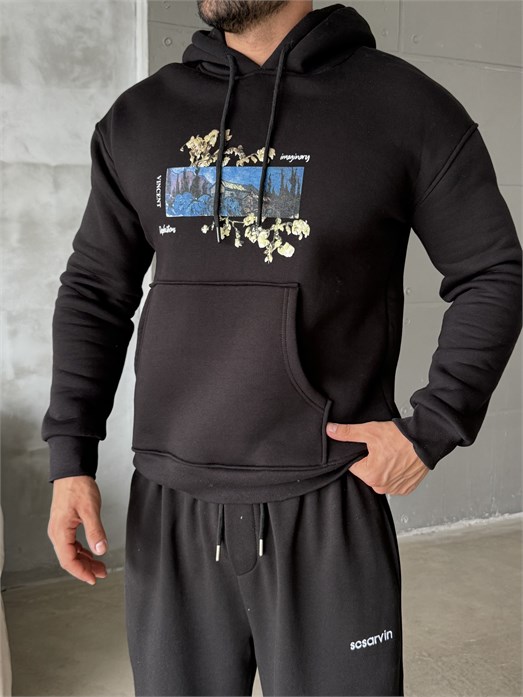 Siyah Vincent Baskılı 3 İplik Hoodie Model 2