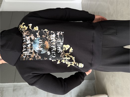 Siyah Vincent Baskılı 3 İplik Hoodie Model 2