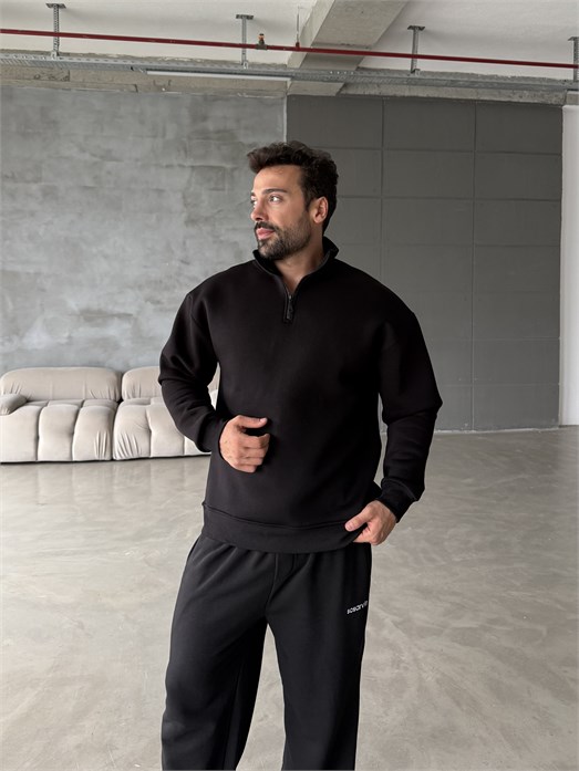 Siyah Yarım Fermuarlı 3 İplik Sweatshirt Model 3