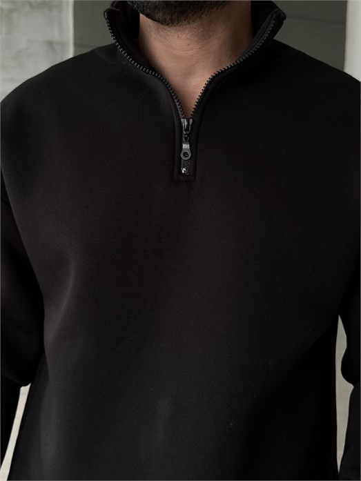 Siyah Yarım Fermuarlı 3 İplik Sweatshirt Model 3