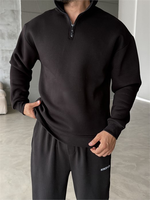 Siyah Yarım Fermuarlı 3 İplik Sweatshirt Model 3