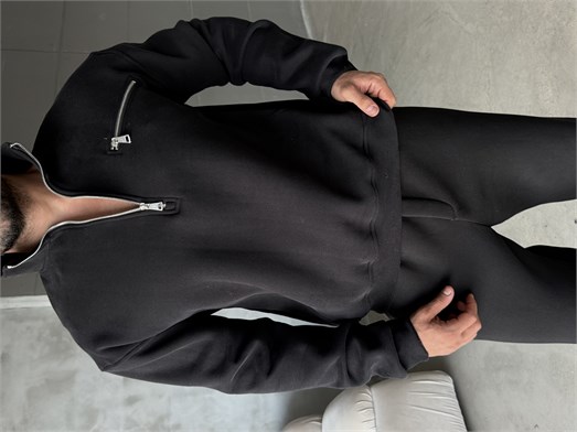 Siyah Yüksek Yaka Göğüs Fermuarlı Boxy Sweatshirt SNZ 5109