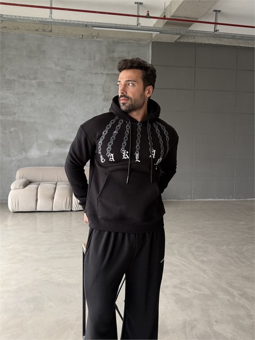 Siyah Zincir El Baskılı 3 İplik Hoodie Model 1