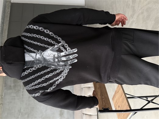 Siyah Zincir El Baskılı 3 İplik Hoodie Model 1