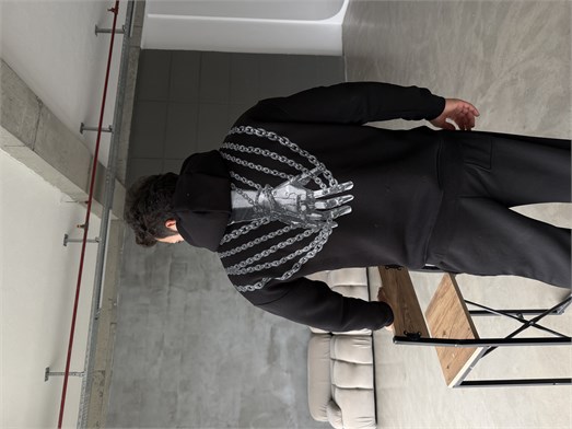 Siyah Zincir El Baskılı 3 İplik Hoodie Model 1