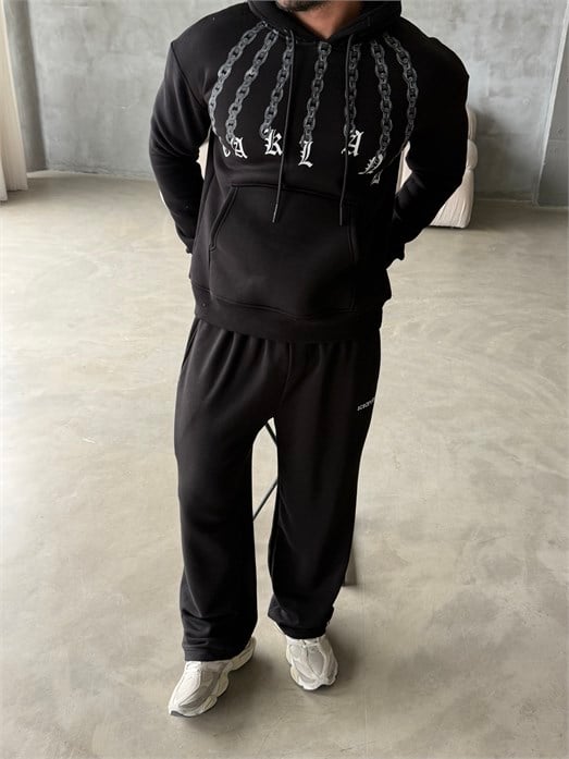 Siyah Zincir El Baskılı 3 İplik Hoodie Model 1